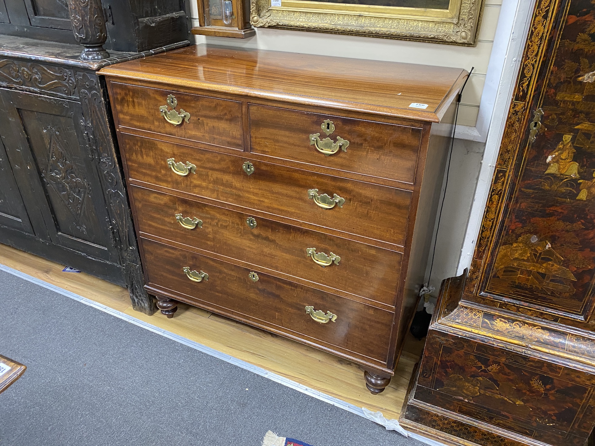 An early Victorian mahogany chest of two short and three long drawers, width 108cm, depth 53cm, height 106cm